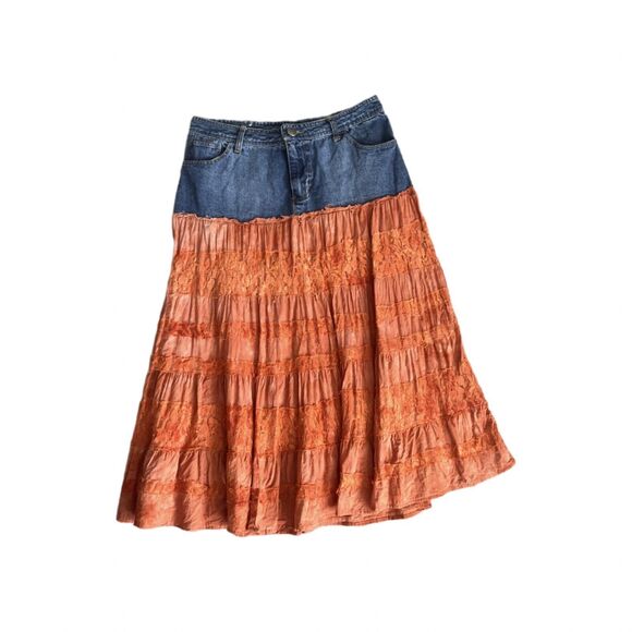 bill blass Dresses & Skirts - Vtg Bill Blass 100% Cotton Denim and Lace Tiered Fabric Skirt Size 6